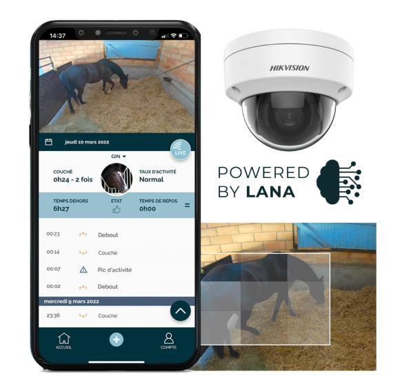 Mise en forme montrant l'application mobile Novostable, la caméra et un exemple d'utilisation avec un cheval