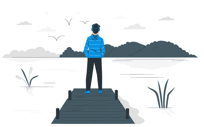 Image hero, un personnage illustré introverti regarde vers l'horizon au bord de l'eau